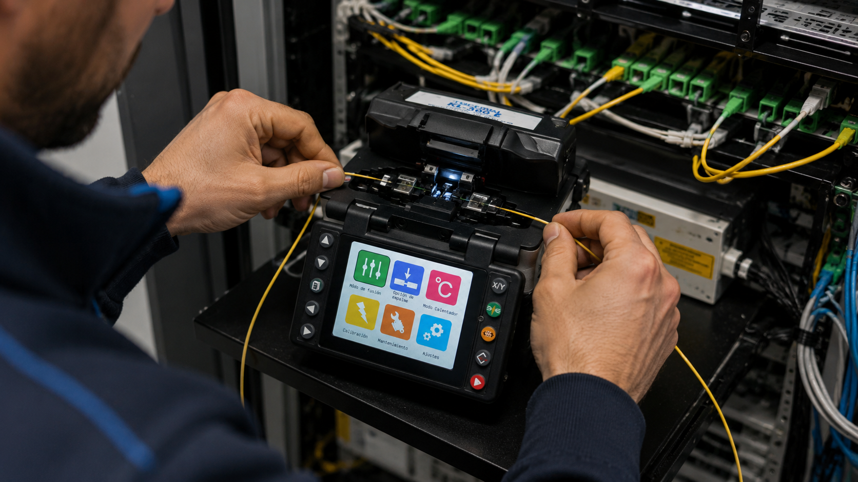 Instalador de ALX Electric realizando una fusión de fibra óptica en una instalación de telecomunicaciones